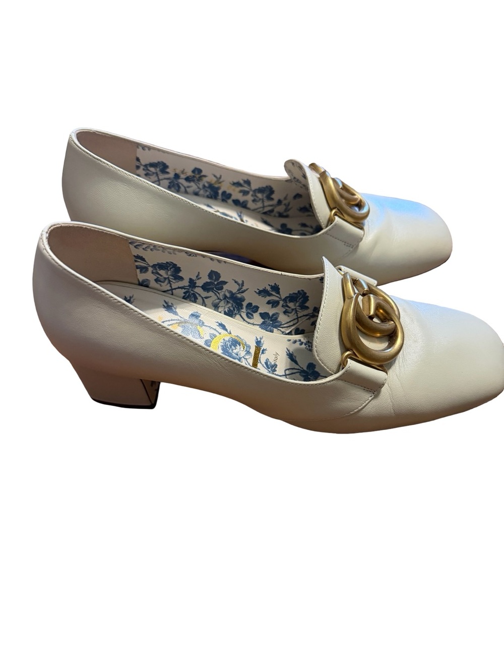 Gucci Cream Leather Low Block Heel Loafers with Gold Hardware